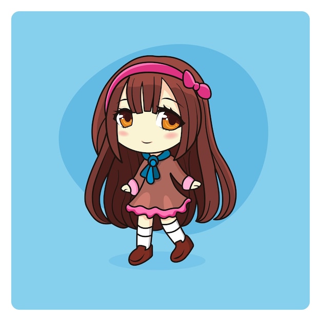 Menina bonita e kawaii. Felizmente manga chibi menina no vestido da escola. Ilustração do vetor.