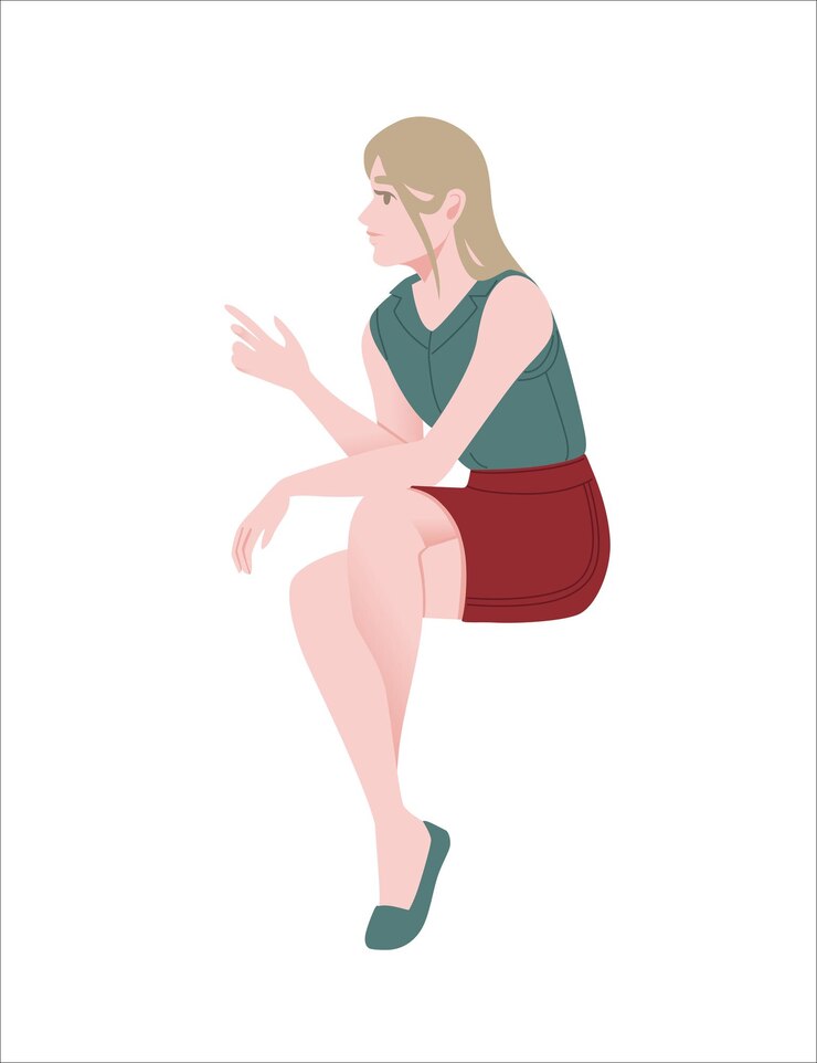 Vetor menina bonita em pose sentada usa roupas casuais de moda saia vermelha e blusa turquesa design de personagem de desenho animado ilustração vetorial plana isolada no fundo branco