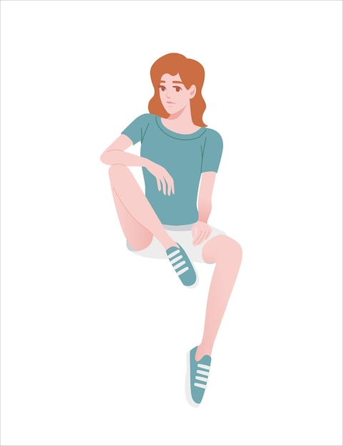 Menina bonita em pose sentada usa roupas casuais de moda shorts brancos e camisa turquesa design de personagem de desenho animado ilustração vetorial plana isolada no fundo branco