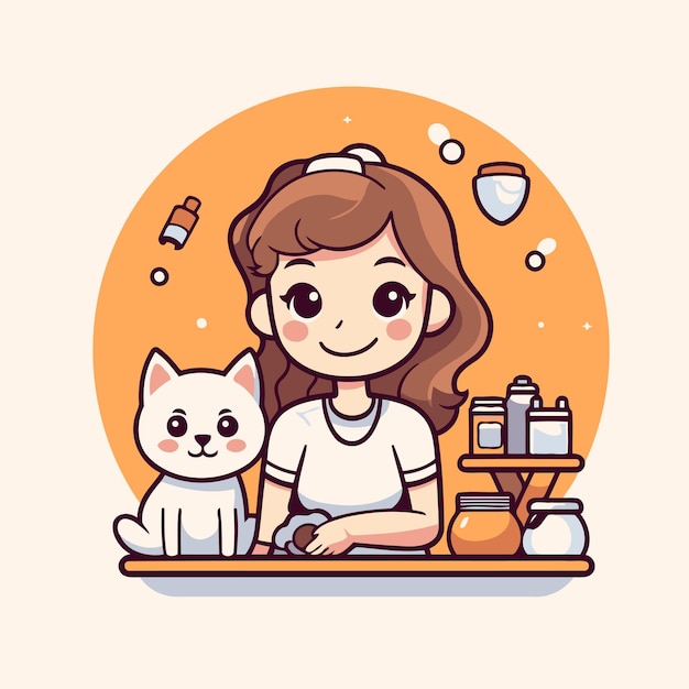 Vetor menina bonita fazendo bolo na cozinha ilustração vetorial