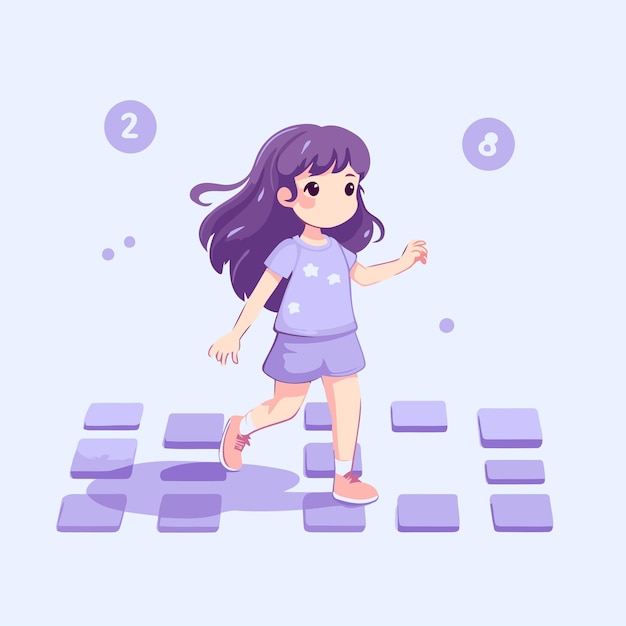 Menina bonita jogando jogo de hopscotch ilustração vetorial