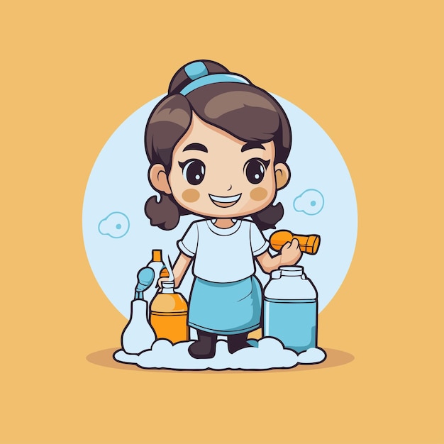 Menina bonita limpando a casa ilustração vetorial desenho de personagens de desenho animado