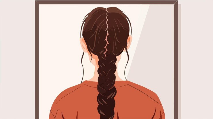 Vetor menina bonita mostrando sua ilustração de cabelo trançado