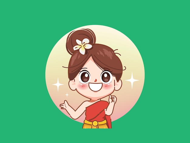 Menina bonita na Tailândia tradicional mostrando polegares para cima pose logotipo bandeira arte de desenho animado desenhada à mão