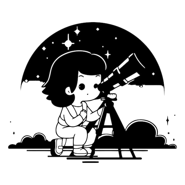 Menina bonita olhando através de um telescópio no estilo de desenho animado