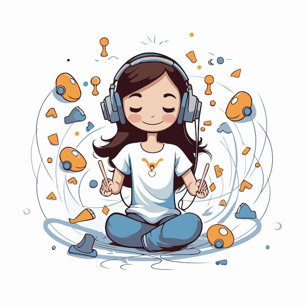 Vetor menina bonita ouvindo música com fones de ouvido ilustração vetorial