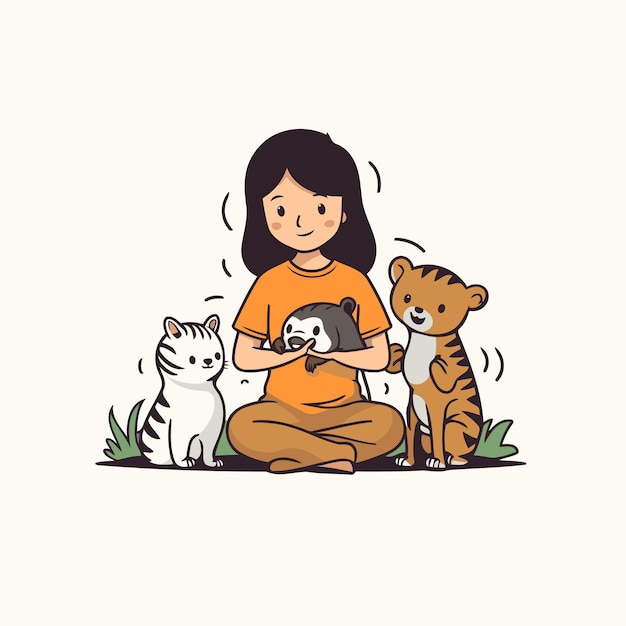 Vetor menina bonita sentada com gato e cachorro ilustração vetorial