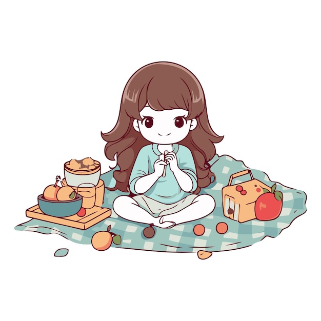 Menina bonita sentada em um quadro e brincando com frutas
