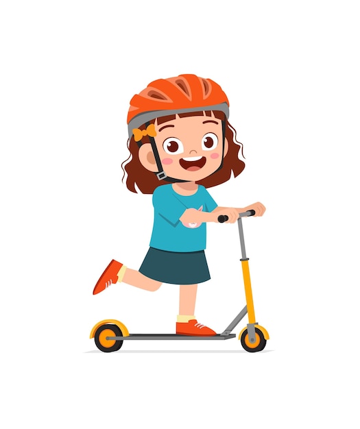 Menina bonitinha andando de scooter e use capacete