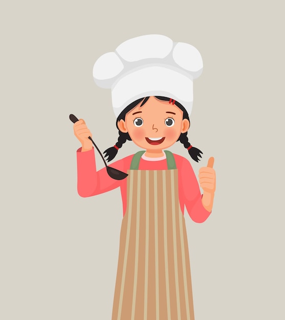 Vetor menina bonitinha com chapéu de chef e avental segurando colher de colher mostrando o polegar
