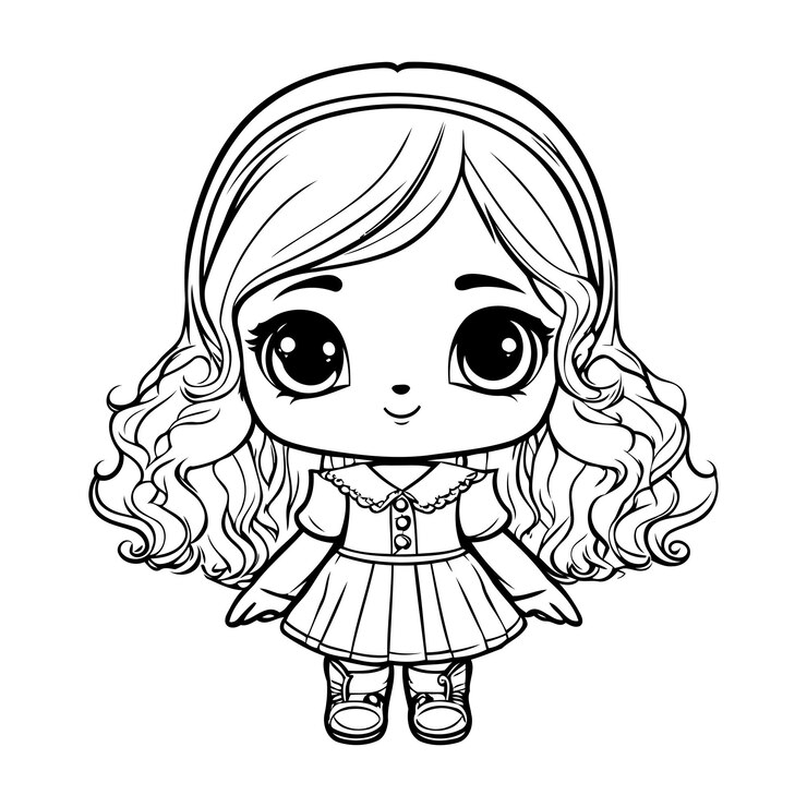 Vetor menina bonitinha com ilustração vetorial de cabelo longo e encaracolado para livro de colorir