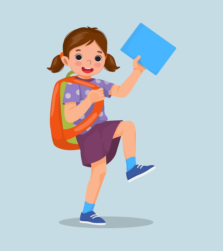 Vetor menina bonitinha com mochila segurando o livro sentindo-se animado por estar de volta à escola