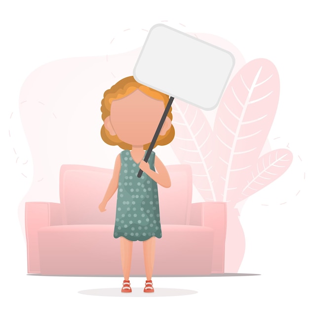 Menina bonitinha com um cartaz em branco para o seu texto design em estilo cartoon vector