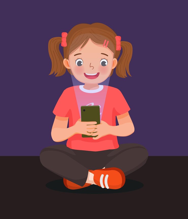 Vetor menina bonitinha jogando com telefone inteligente à noite com reflexo de luz azul prejudicial aos olhos