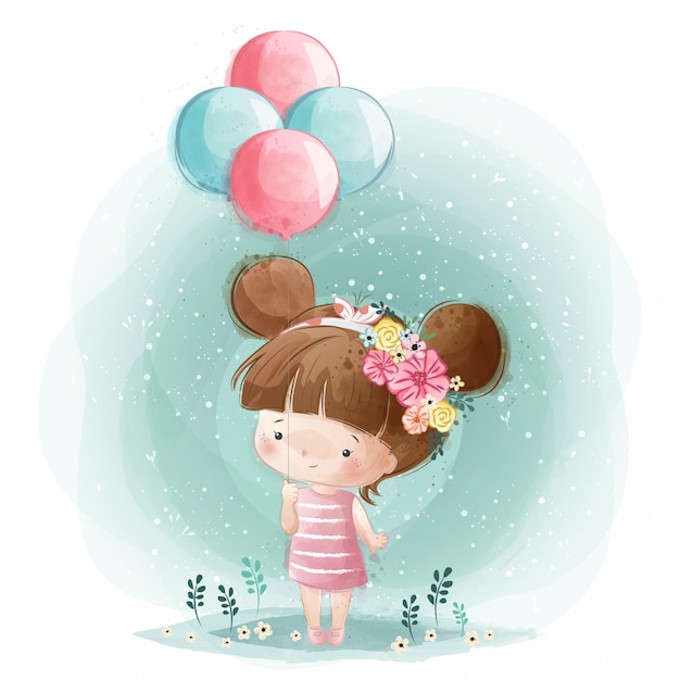 Vetor menina bonitinha segurando balões