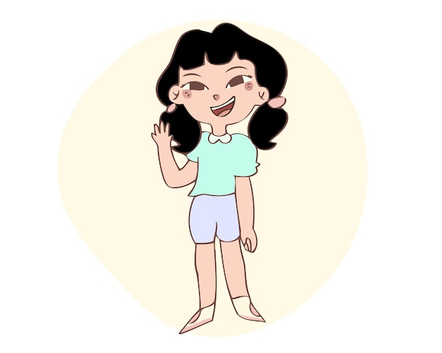 Menina bonitinha sorri e levanta a mão para dizer olá. ilustração em vetor estilo desenhado à mão