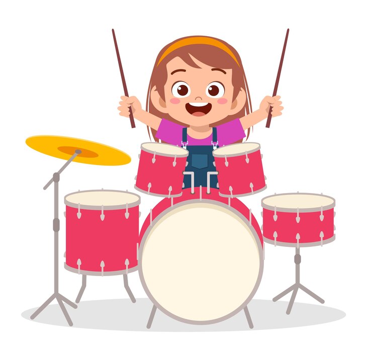 Vetor menina bonitinha tocando bateria em show