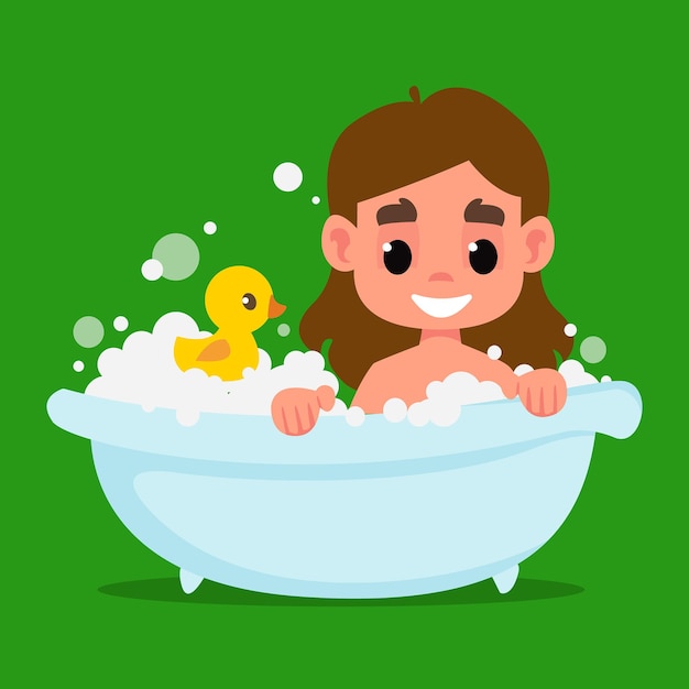 Menina bonitinha tomando banho em uma banheira Muita espuma e um patinho amarelo de borracha Vector ar