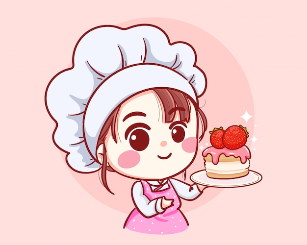 Menina bonito do cozinheiro chefe da padaria que guarda um logotipo de sorriso da ilustração da arte dos desenhos animados do bolo.