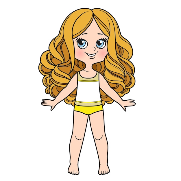 Menina bonito dos desenhos animados com cabelo longo encaracolado com grandes cachos vestida com cueca e variação de cor com os pés descalços para colorir em um fundo branco