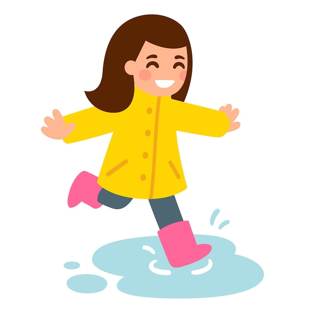 Menina bonito dos desenhos animados com capa de chuva e botas de borracha, pulando em poças. criança feliz brincando na chuva. ilustração em vetor estilo simples.