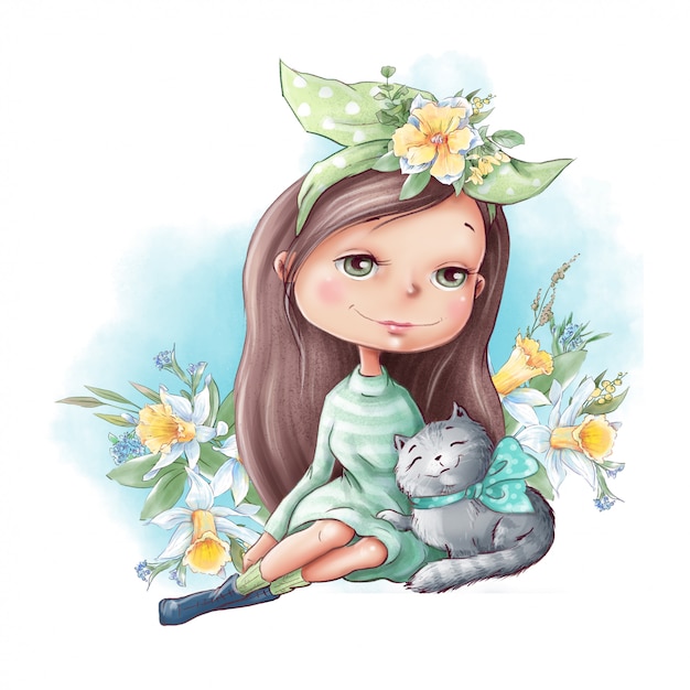 Menina bonito dos desenhos animados com um gato e amigos, com flores da primavera