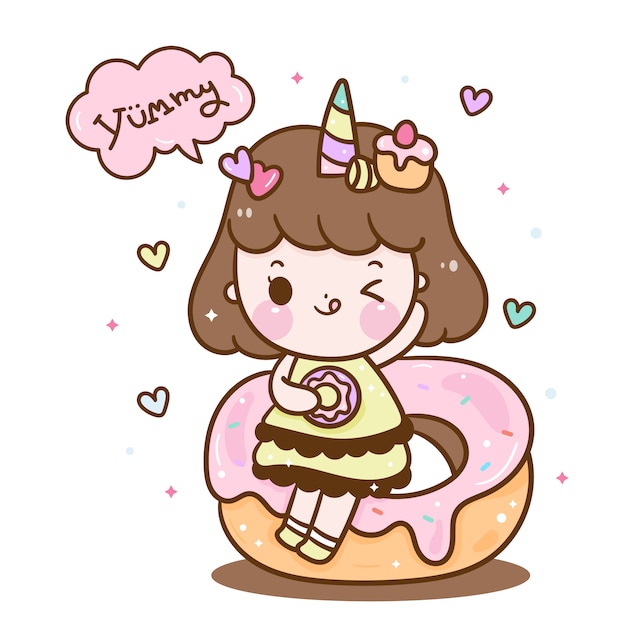 Menina bonito unicórnio no desenho de donut