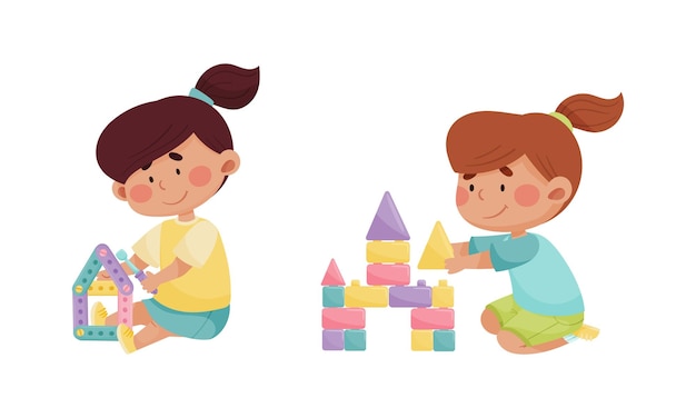 Menina brincando com blocos de brinquedo no conjunto de vetores da sala de jogos