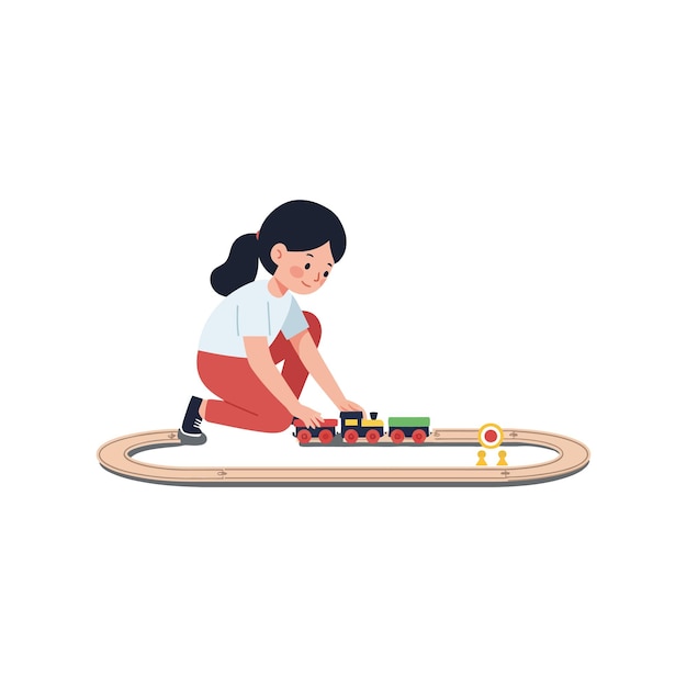 Menina brincando com um trem de brinquedo em trilhos de madeira em arte vetorial plana