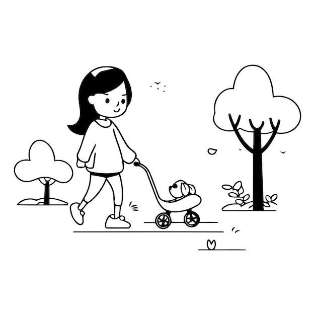 Vetor menina caminhando com seu bebê no parque ilustração vetorial de desenho animado