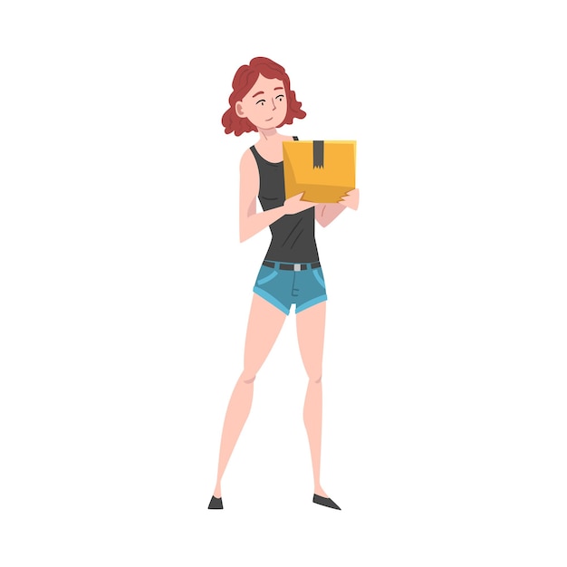 Vetor menina carregando caixa de papelão mulher jovem recebendo ou enviando pacote ilustração vetorial de desenho animado