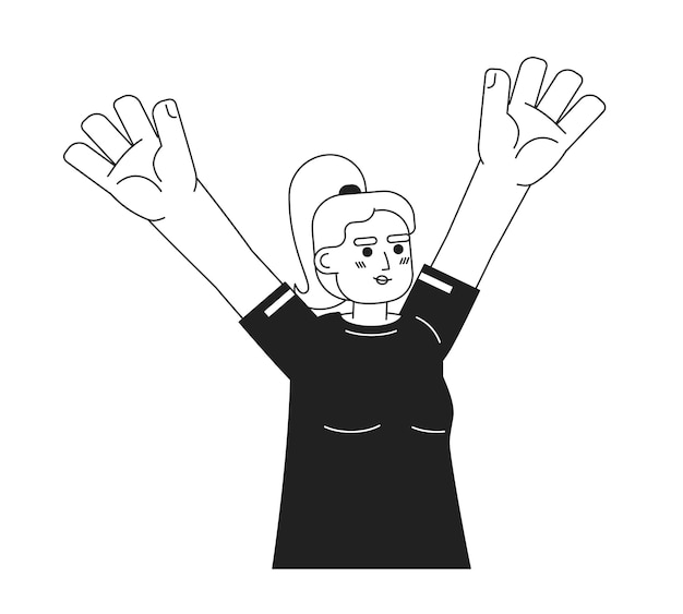 Menina caucasiana levantando as mãos personagem vetorial plano monocromático Expressão emoções positivas linha fina editável metade do corpo pessoa em branco imagem de spot de desenho animado bw simples para design gráfico da web