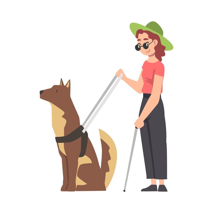 Vetor menina cega de óculos guiada por um cão de olho de visão na coleira animal treinado ajudando pessoa com deficiência reabilitação de pessoas com deficiência conceito de acessibilidade ilustração vetorial de desenho animado