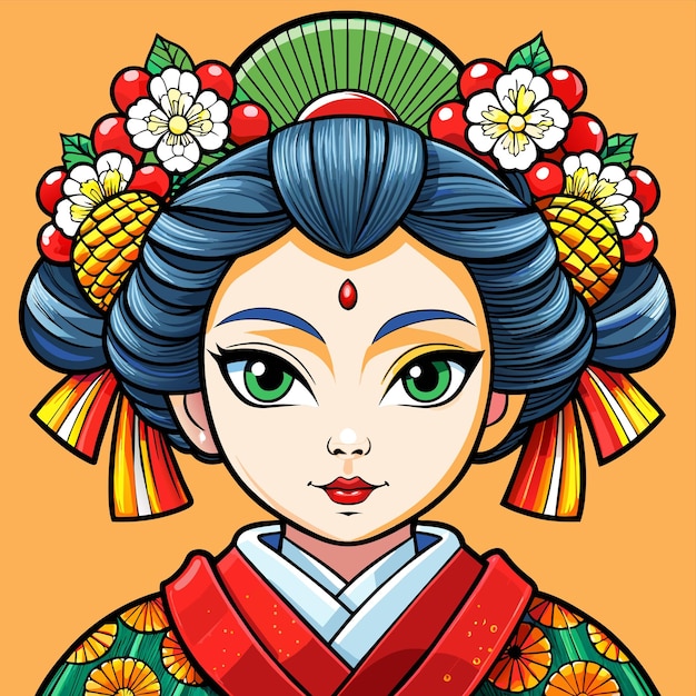 Menina chinesa bonita em vestido de mandarim com adesivo de personagem de desenho animado desenhado à mão para o ano novo chinês