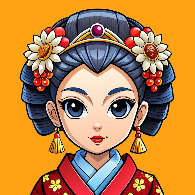 Vetor menina chinesa bonita em vestido de mandarim com adesivo de personagem de desenho animado desenhado à mão para o ano novo chinês