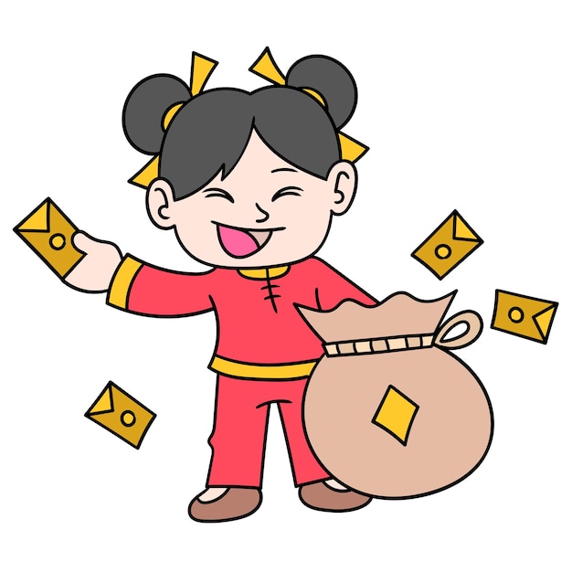 Menina chinesa distribui envelopes de presente com dinheiro em sacos grandes, doodle sorteio kawaii. arte de ilustração