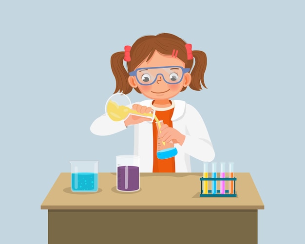 Menina cientista misturando líquido químico em frascos fazendo experimento de projeto de ciências no laboratório