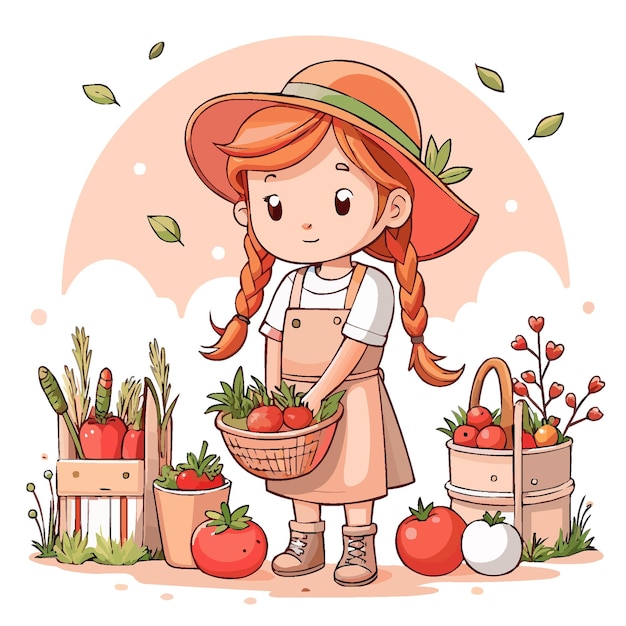 menina coletando vegetais no jardim em um fundo branco