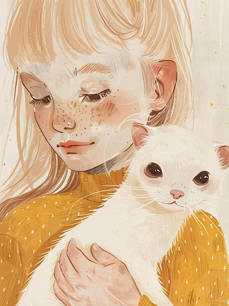 Vetor menina com a sua bonita ilustração de ferret desenhada à mão