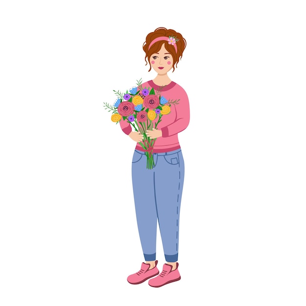 Menina com buquê de flores nas mãos ilustração desenhada à mão