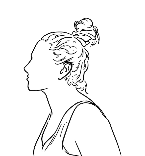 Menina com cabelo amarrado e em um perfil de camiseta rabiscar desenho linear livro de colorir
