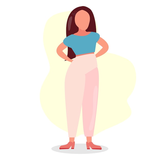 Menina com cabelo escuro em calça rosa e blusa azul em poses diferentes