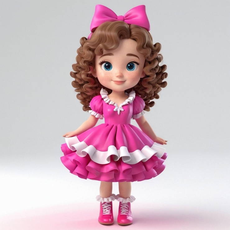 Vetor menina com cabelos compridos e enrolados vestindo um vestido rosa quente com volantes brancos