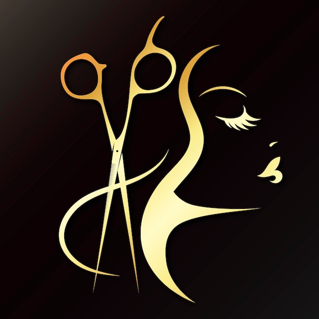 Vetor menina com cachos de cabelo e tesoura estilista penteado símbolo dourado