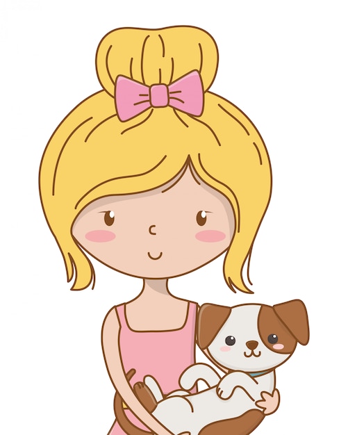 Menina, com, cão, caricatura, desenho