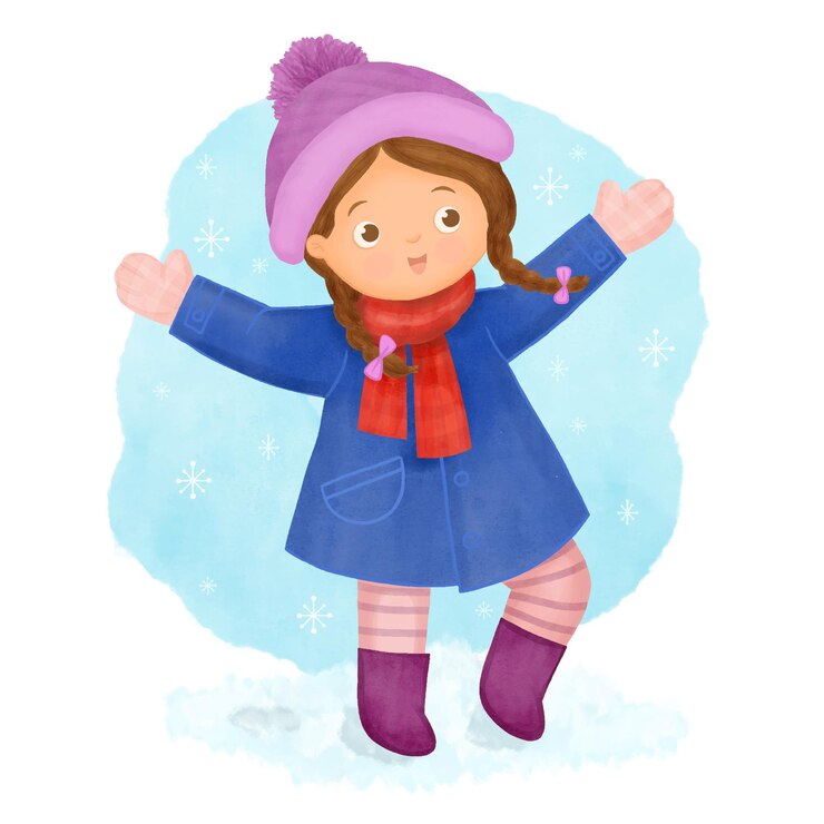 Vetor menina com casaco e lenço andando na neve do inverno