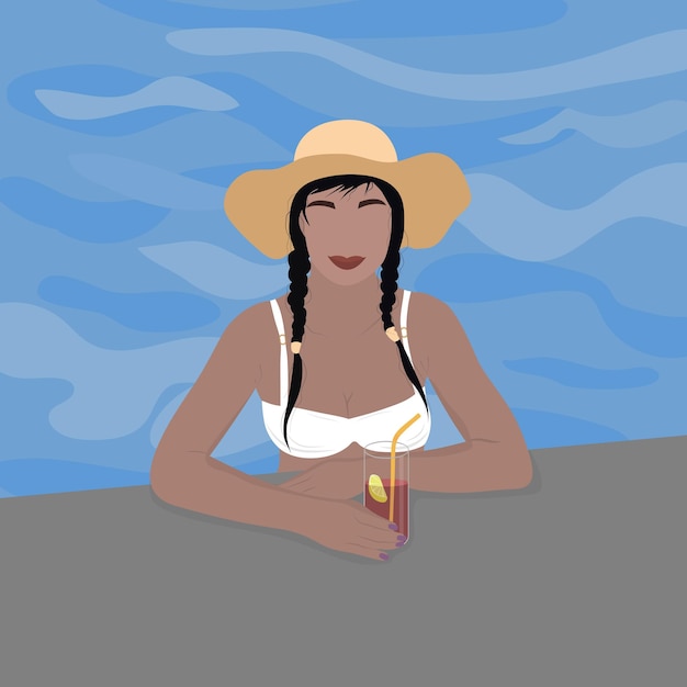 Menina com chapéu na piscina Um copo de coquetel na mão Férias de verão