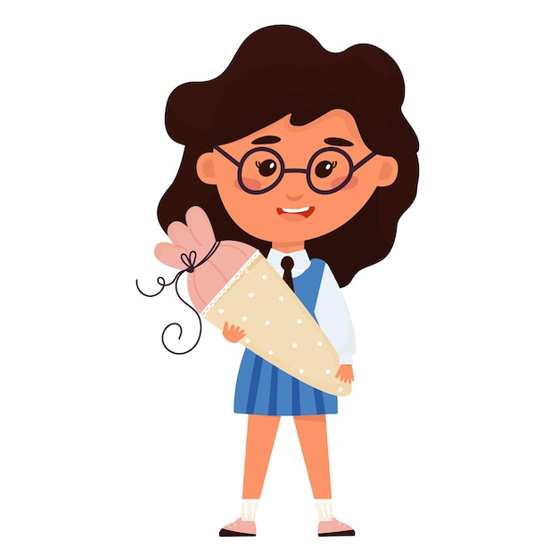 Vetor menina com cones de escola alegre estudante detém saco tradicional com doces começo do ano letivo de volta ao conceito de escola ilustração vetorial editável personagem de desenho animado isolado