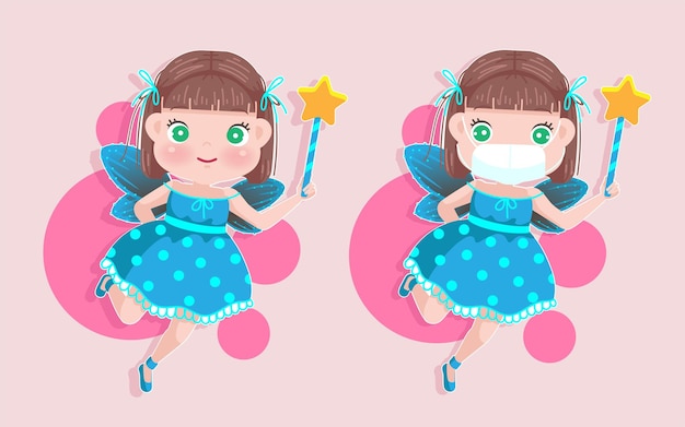 Vetor menina com fantasia de fadas segurando uma vara mágica linda estrela. bonito dos desenhos animados menina máscara covid-19 impedir o conceito.