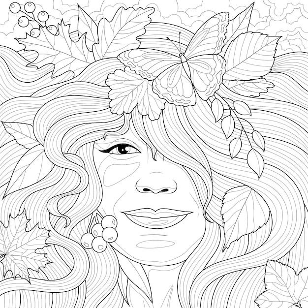 Vetor menina com folhas de outono no cabelo livro de colorir anti-stress para crianças e adultos